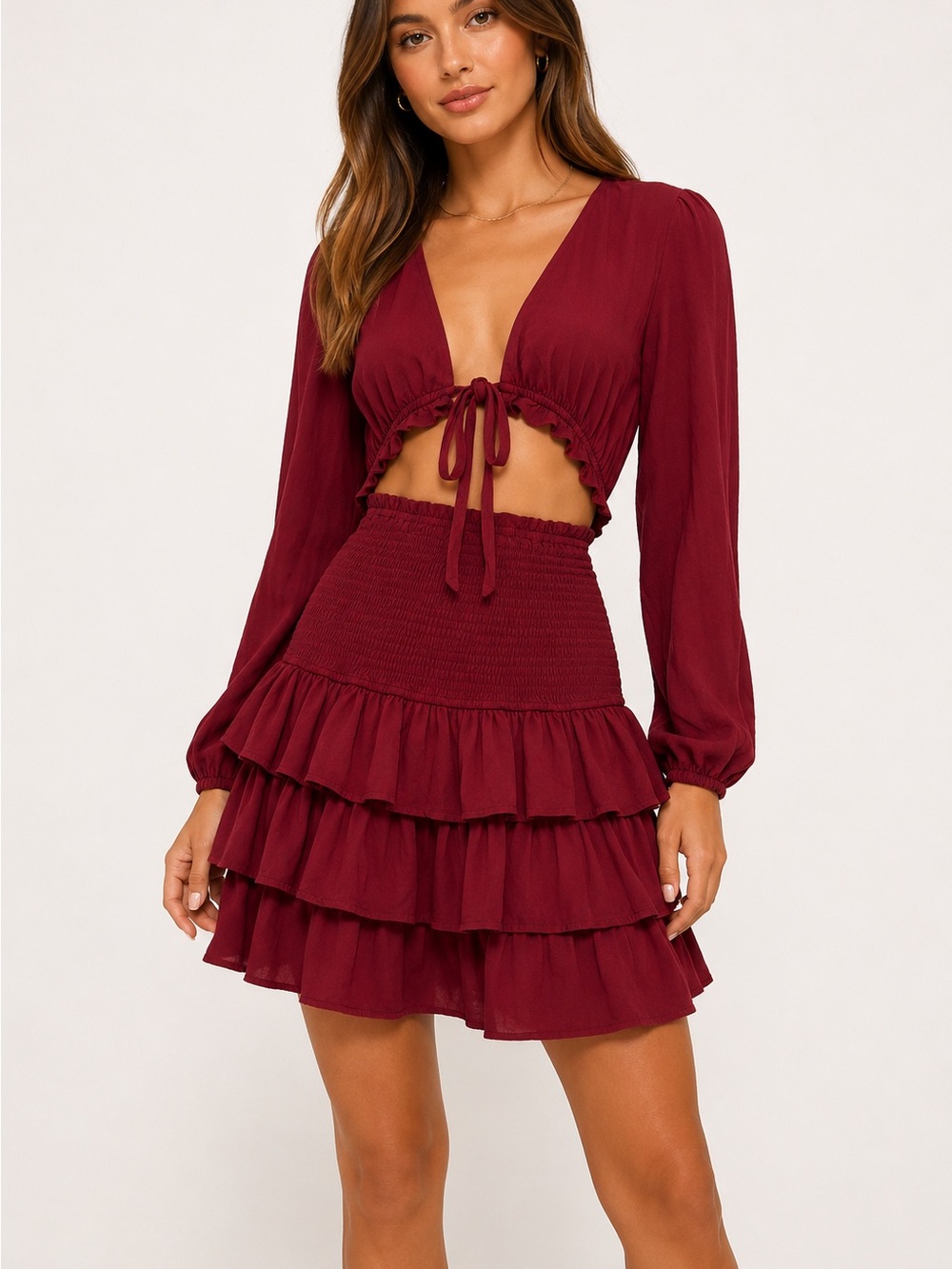 We're All Pretty Girls W.A.P.G. NWT Tie Front Cutout Smocked Ruffle Mini Dress S